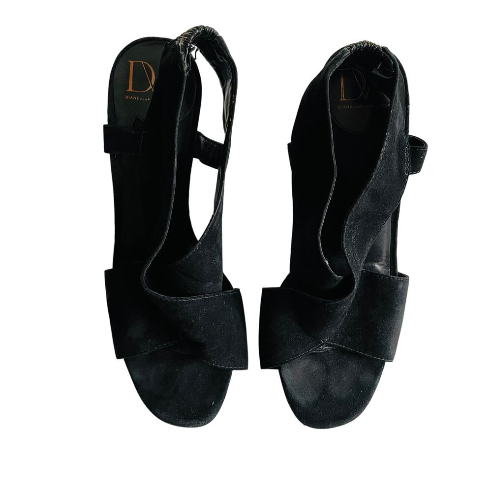 DVF Suede Criss Cross Open Toe Heel 6 Black Sandal Chunky Dance Party